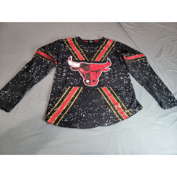 NBA Chicago Bulls Long Sleeve Shirt Youth XL (14) Black Red Splatter NBA Graphic - Picture 1 of 8